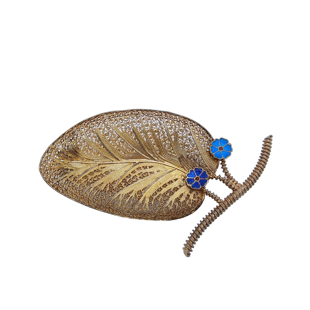 Vintage Topazio Portugal Filigree Leaf Brooch Gold Vermeil Sterling Silver