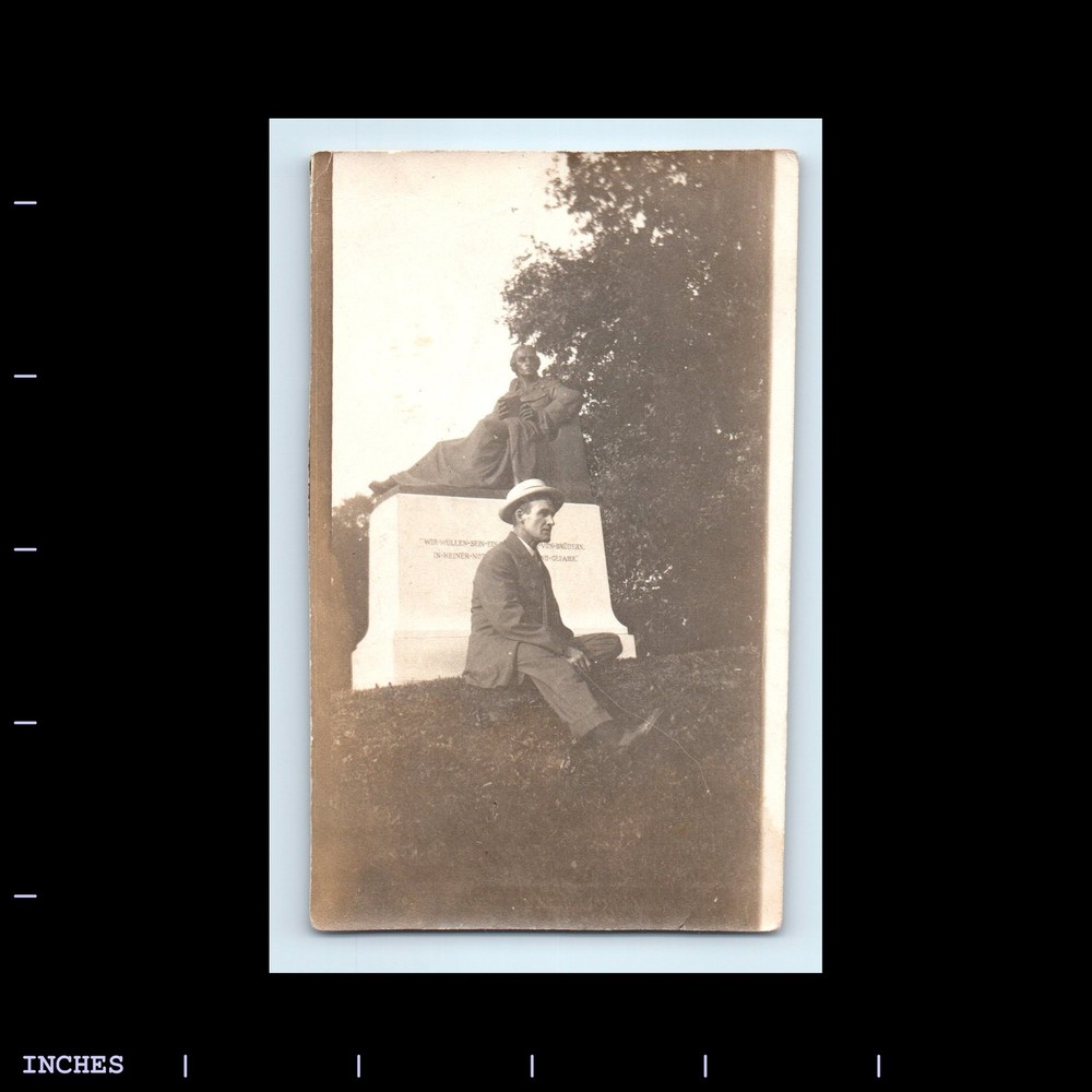 Old Vintage Photo MAN SITTING BY STATUE MONUMENT
