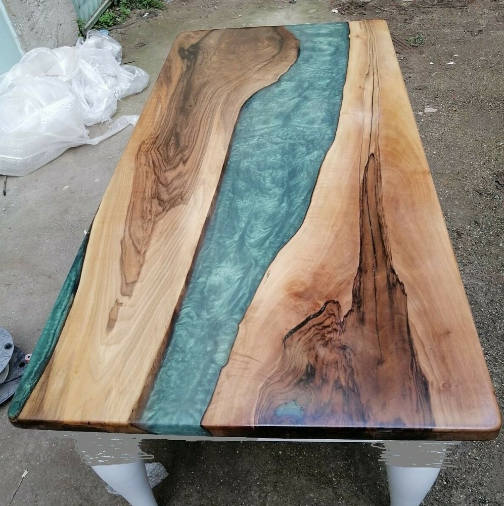 Gray Resin River Countertop Dining Table Top handmade Wood Indoor Outdoor Decor