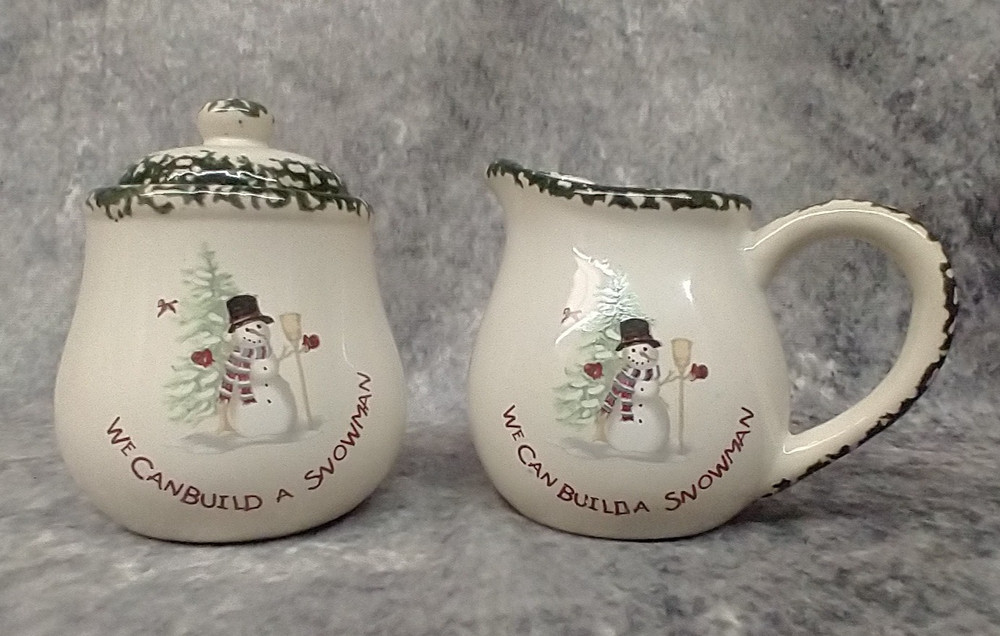 Cute We Can Build Snowman Stoneware Cream Sugar Set Creamer Bowl Jar Spongeware