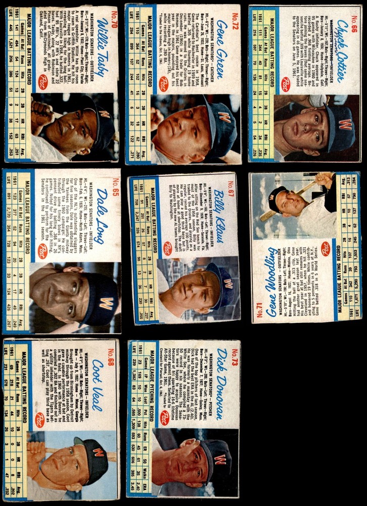 1962 Post Cereal Senators Near Team Set 2.5 - GD+ 6619234 (8 / 9 cards)
