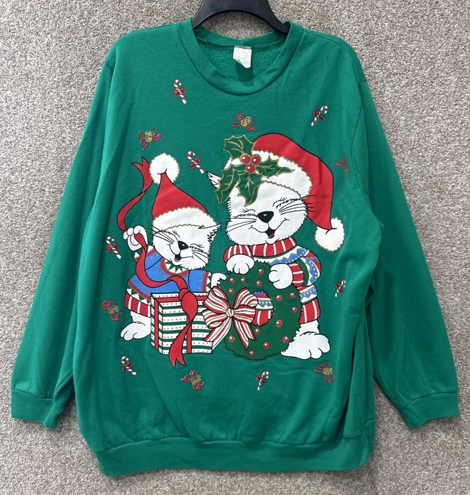 Vintage 90s Christmas Sweatshirt Sweater Size Medium Green Cats Kittens USA