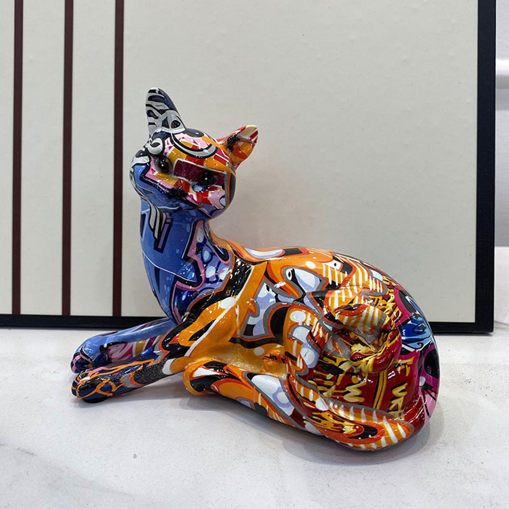 Resin Cat Statues Graffiti Ornament Figurines Craft Painted Abstract Home Decors-image