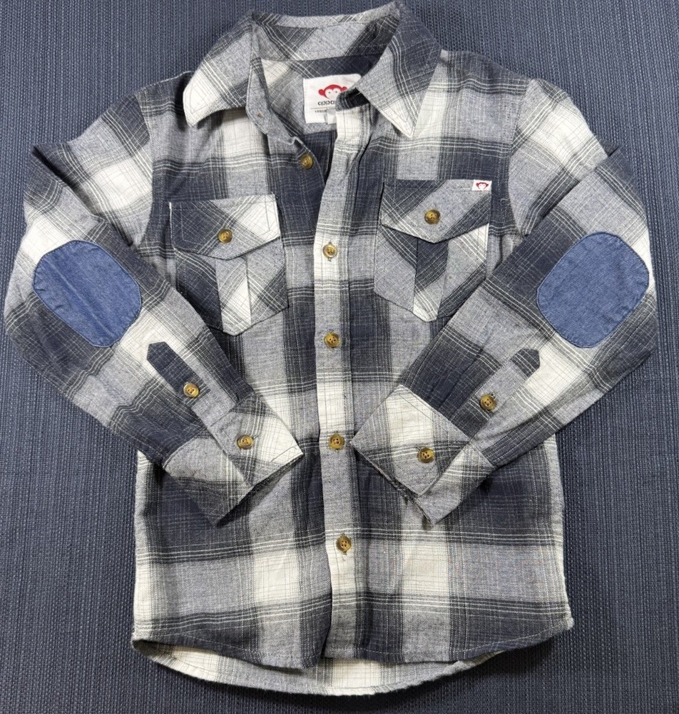 Appaman Boys Plaid Button-Up Shirt Gray/Blue Elbow Patches Long Sleeve Size 8