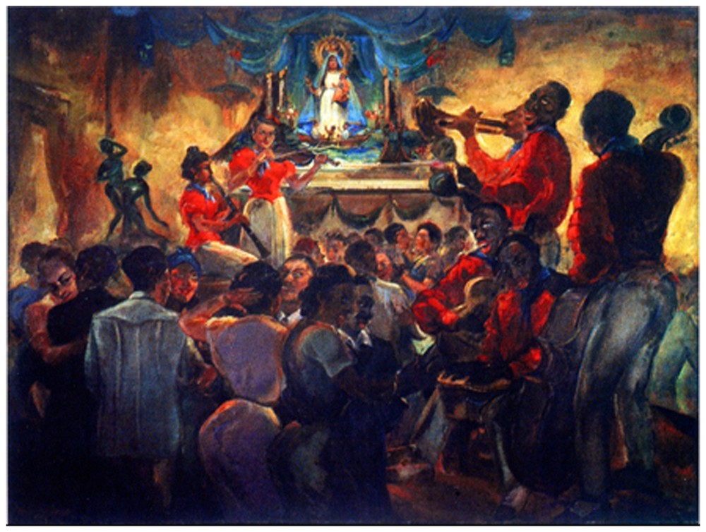 9114.People gathered around band playing music.POSTER.decor Home Office art