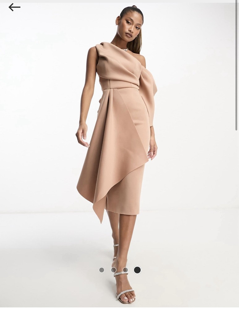 ASOS DESIGN off shoulder pencil midi dress with ruffle detail in camel size 6