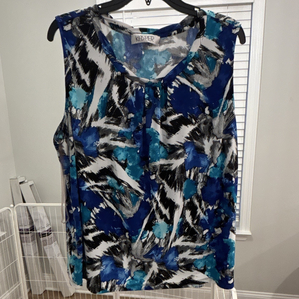 Kasper Women’s 2XL Sleeveless V-Neck Pullover Blouse Abstract Print Blue