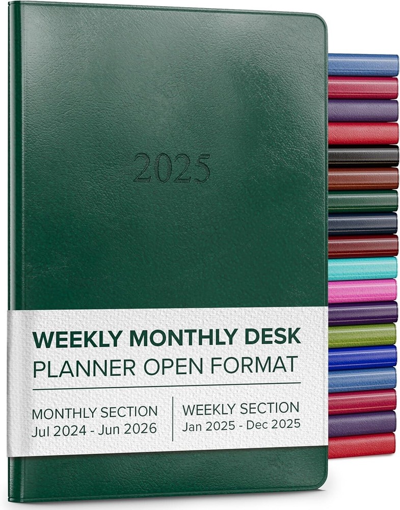 Acadia Green Leather Planner 2025 - Gold-Gilded Edges, Stylish Desk Calendar-image