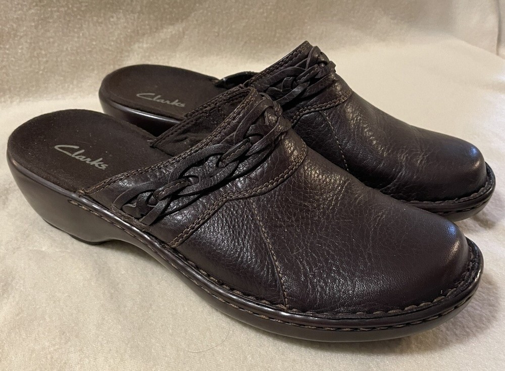 Clarks Women's Brown Braided Leather Slip-on Mules Clogs Shoes Size 9 M
