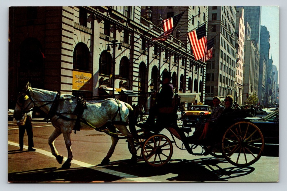 New York City NY Carriage On Fifth Avenue US Flags VINTAGE Postcard