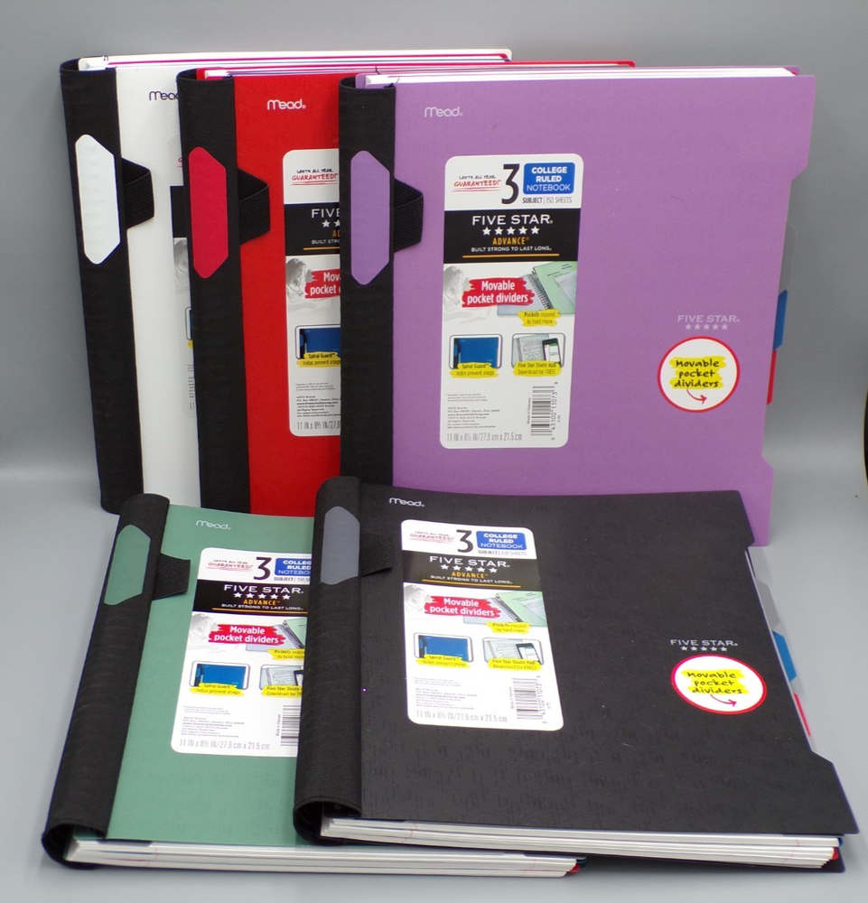 Pack of 5 Mead Five Star Advance Notebook 3 Subject College Ruled 11 in x 8.5