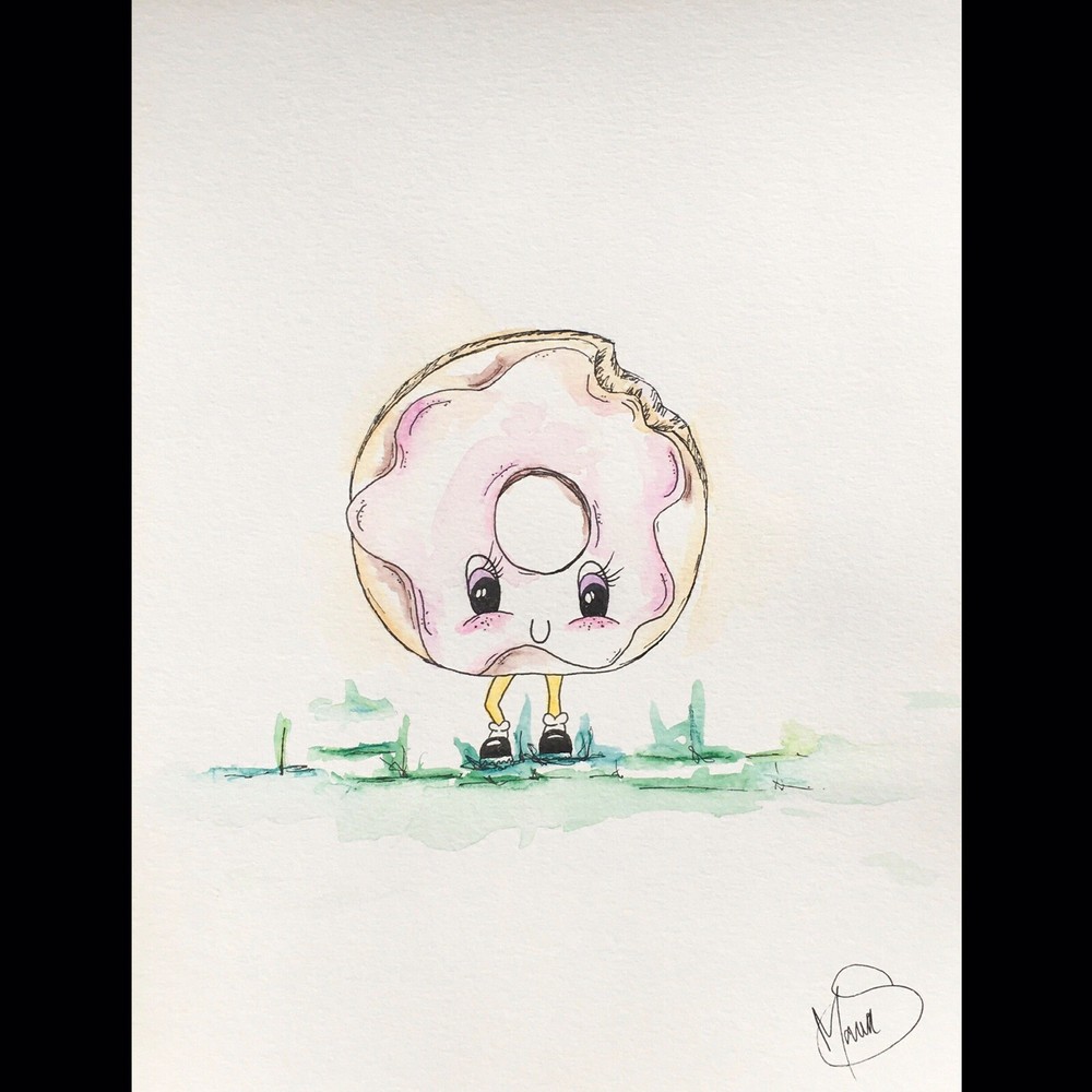 Maria Scalf Donut Food Cartoon ORIGINAL PAINTING Watercolor 9x12 Expressionism