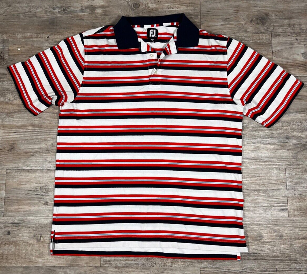 FOOTJOY FJ GOLF POLO SHIRT SS Men's XL White Blue Orange Aqua Striped Athletic