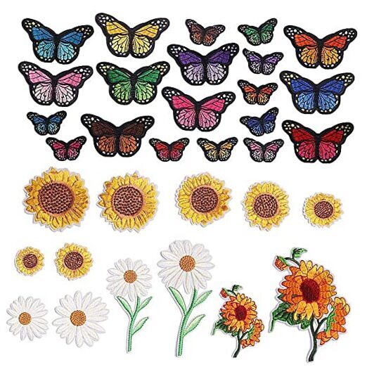 33Pcs Sunflowers Butterfly Iron On Patches Set Flower Decorative Sew On