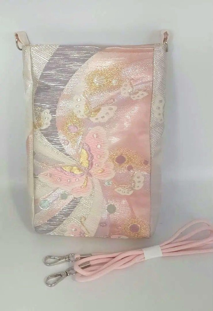Japanese Silk Kimono Obi Shoulder Bag - Pink Butterfly Design Handmade Gift Pouch  