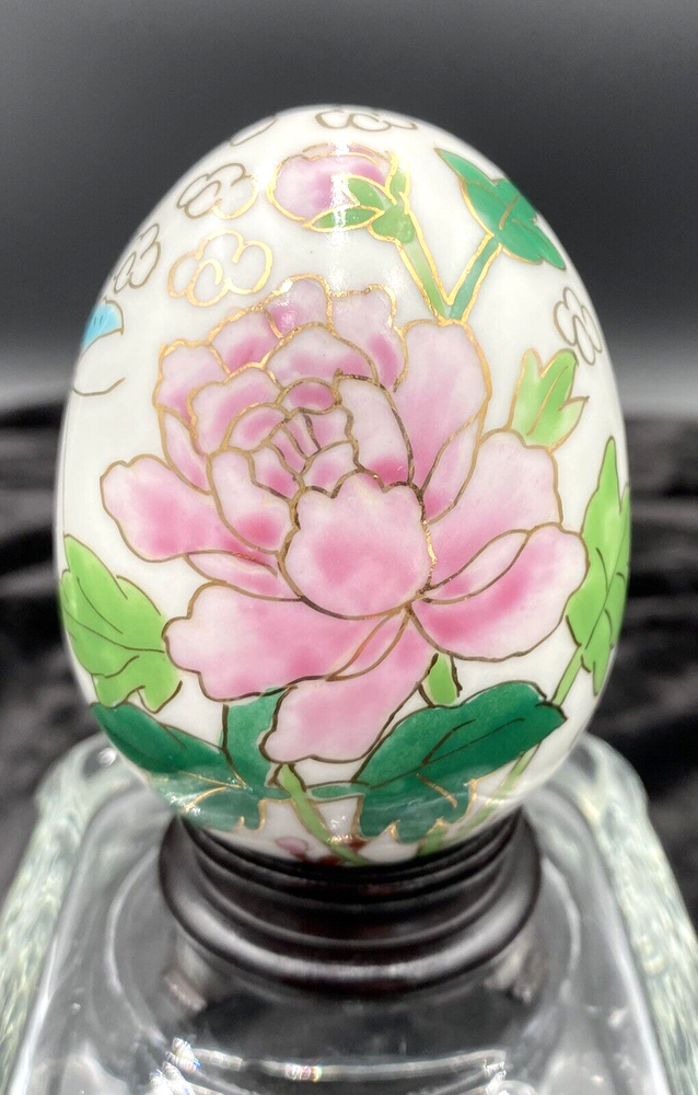 Vintage Hand-Painted Japanese Porcelain Egg with Pink Lotus Flower on Wood Stand