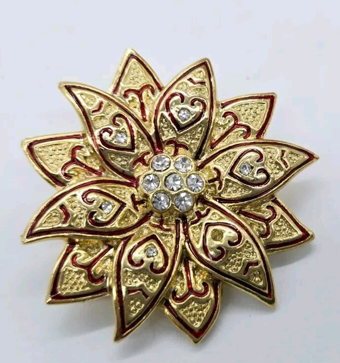 Gold Poinsettia Brooch Pin Red ENAMEL Christmas Crystal Accent 1.75
