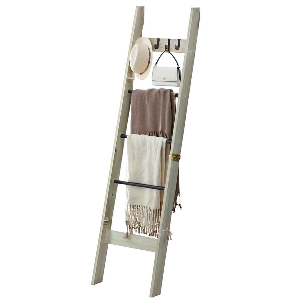 5-Tier Blanket Ladder Shelf - Farmhouse Quilt Rack with Hooks, Greige & Black