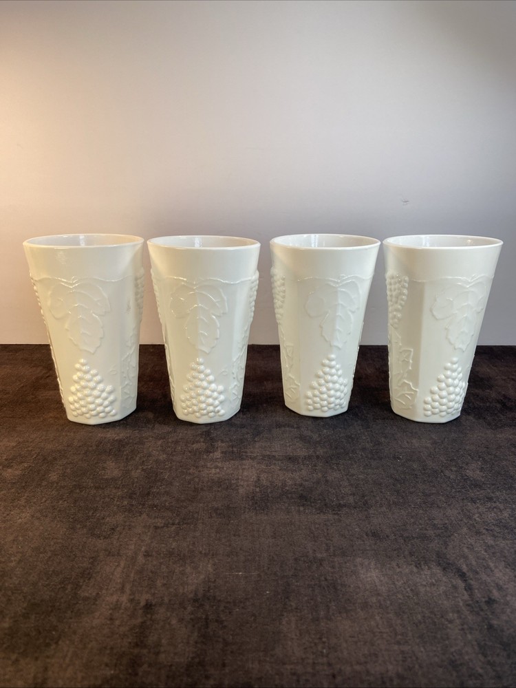 SET of  4 Indiana Colony HARVEST GRAPE White Milk Glass Tumblers Glasses Vintage