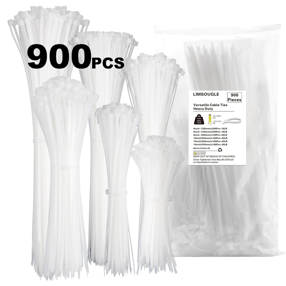900 Pcs White Cable Zip Ties Assorted Sizes 4-14 Inch for Organizing and Securing Wires