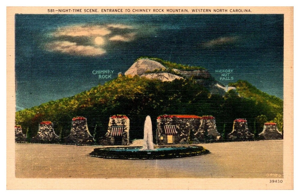 1940s Night View Chimney Rock Mountain North Carolina Vintage Postcard