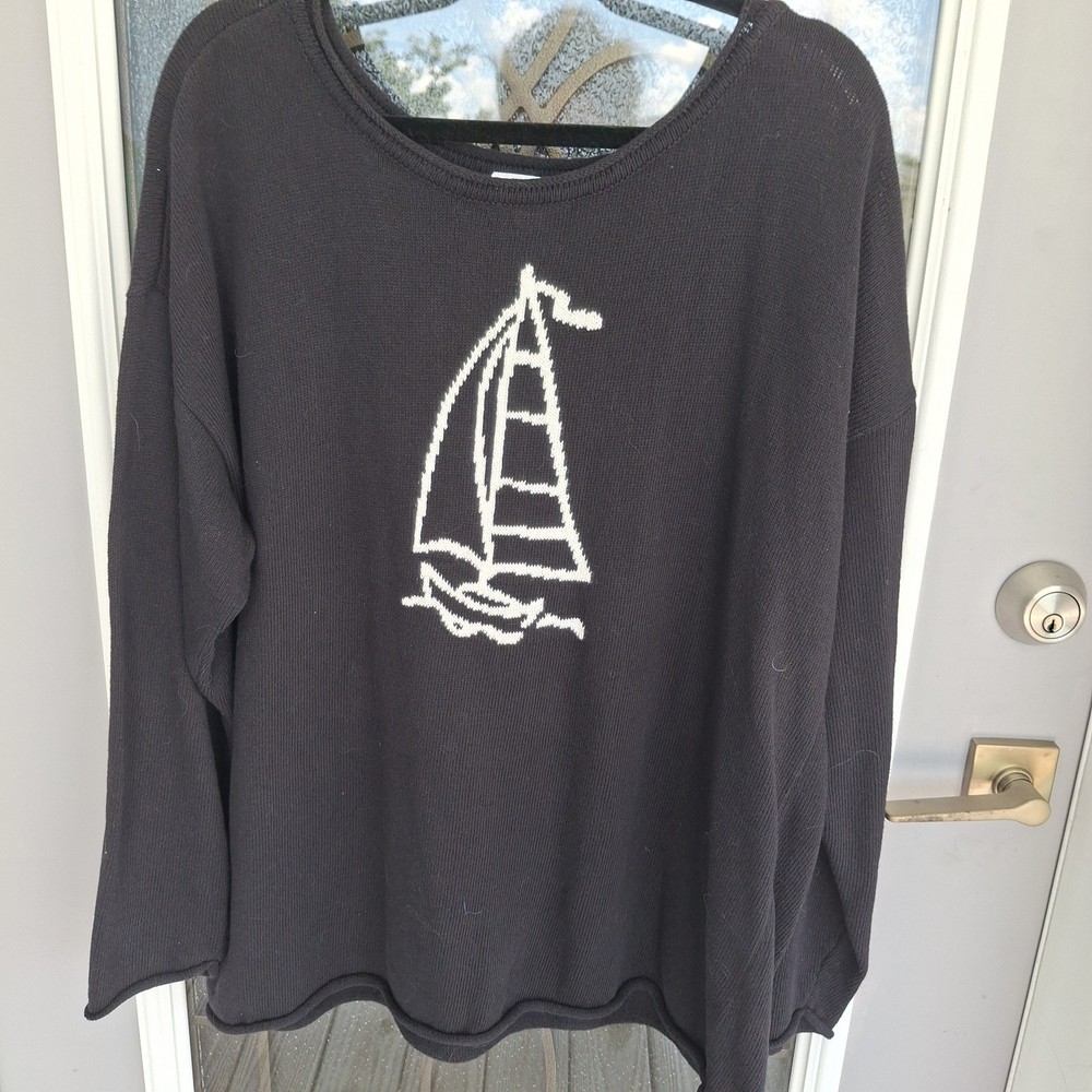 Belle Beach By Kim Gravel Black Sweater w/White Sketching Of Sailboat XL NWOT