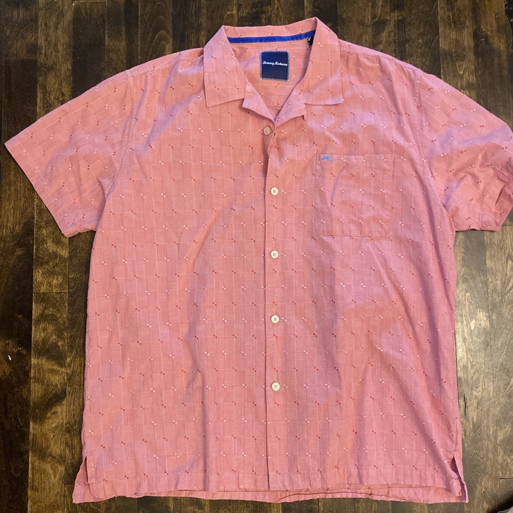 Tommy Bahama Men's Hawaiian Shirt 35 % Silk, XL, PINK, Button-Up, Short Sleeve
