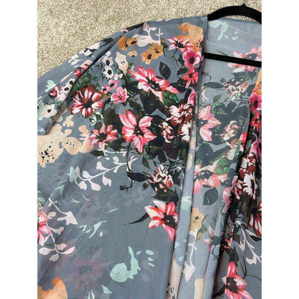 Womens XL Floral Kimono Cardigan Blue Pink Chiffon Sheer Open Front Wrap Top
