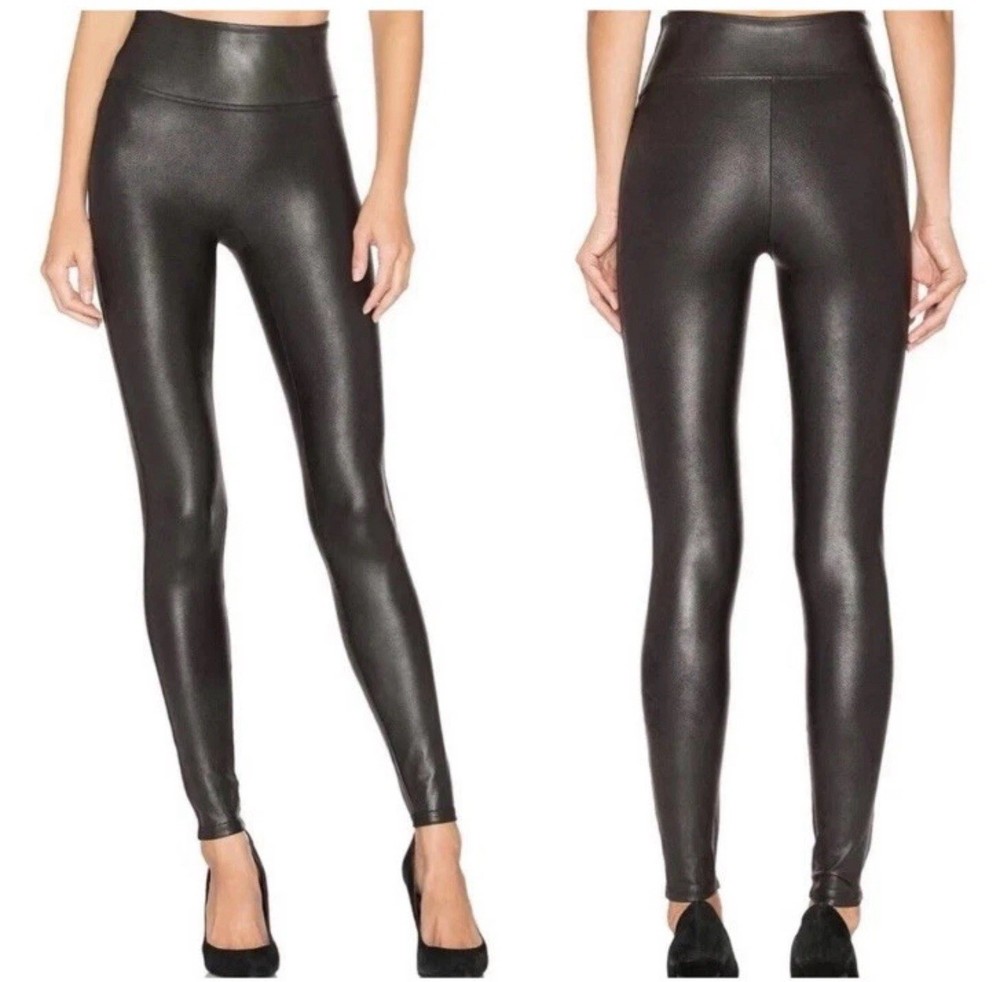 Spanx Womens  Faux Leather Satin Motocycle Leggings Black Size Medium