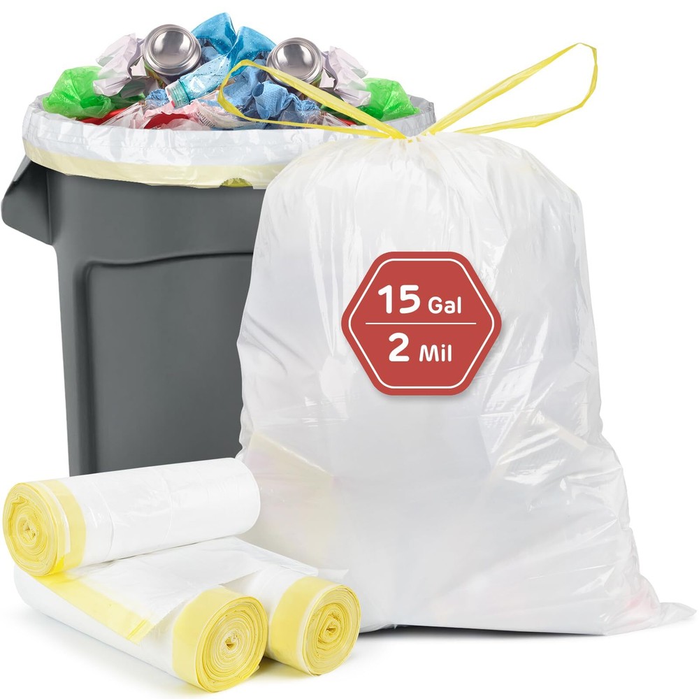 Bolsas de basura de 15 galones con cordón, 2 mil ultra gruesas altas elásticas cocina alta...