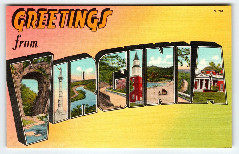 Greetings From Virginia 1940's Vintage Original Postcard Large Big Letter Linen
