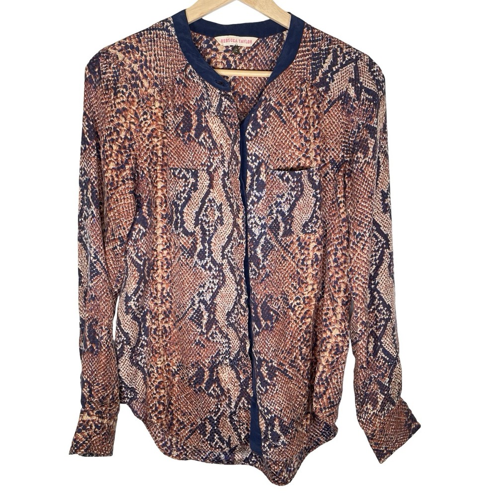 Rebecca Taylor Blouse Snakeskin Print Button Down Silk Top Size 2 Long Sleeves