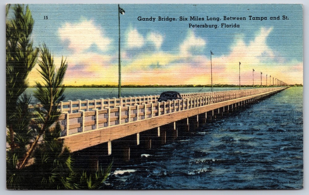 St Petersburg Florida~Gandy Bridge To Tampa~Vintage Linen Postcard