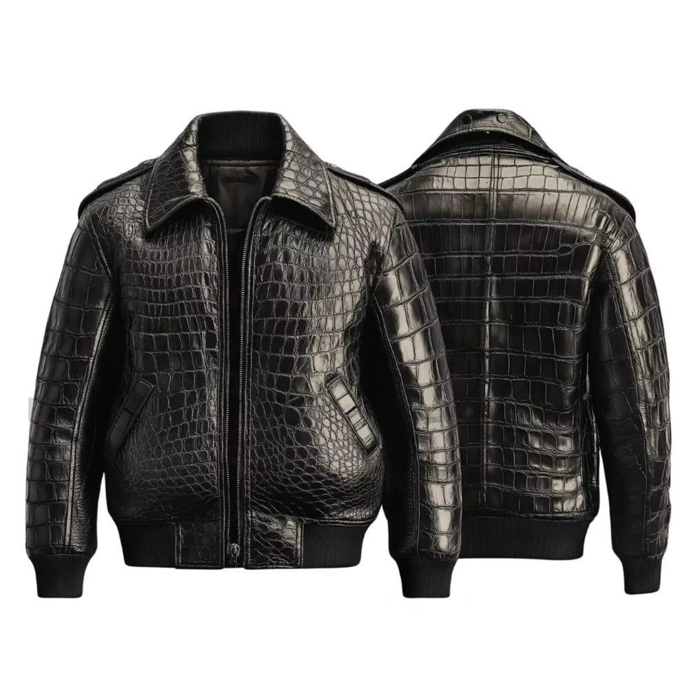 Men's Black Cow Leather Crocodile Embossed Jacket Biker Alligator Print Jacket