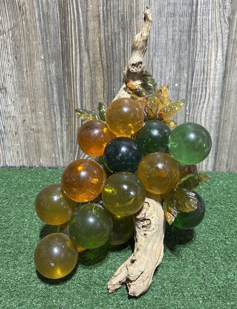 Lucite Grapes w/ Leaves VTG Large MCM Amber Orange Acrylic Cluster on Driftwood
