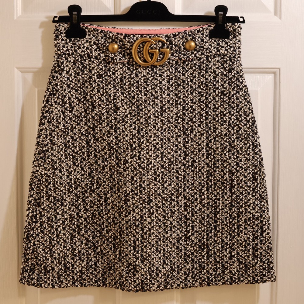 READ Gucci black and white tweed knit silk blend skirt GG buckle 460486 US 6 / M