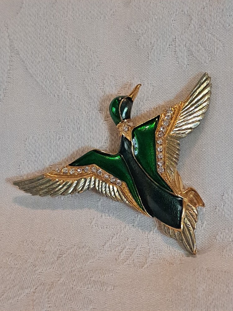 Vintage Gold Tone Green Enamel Mallard Duck Brooch Pin