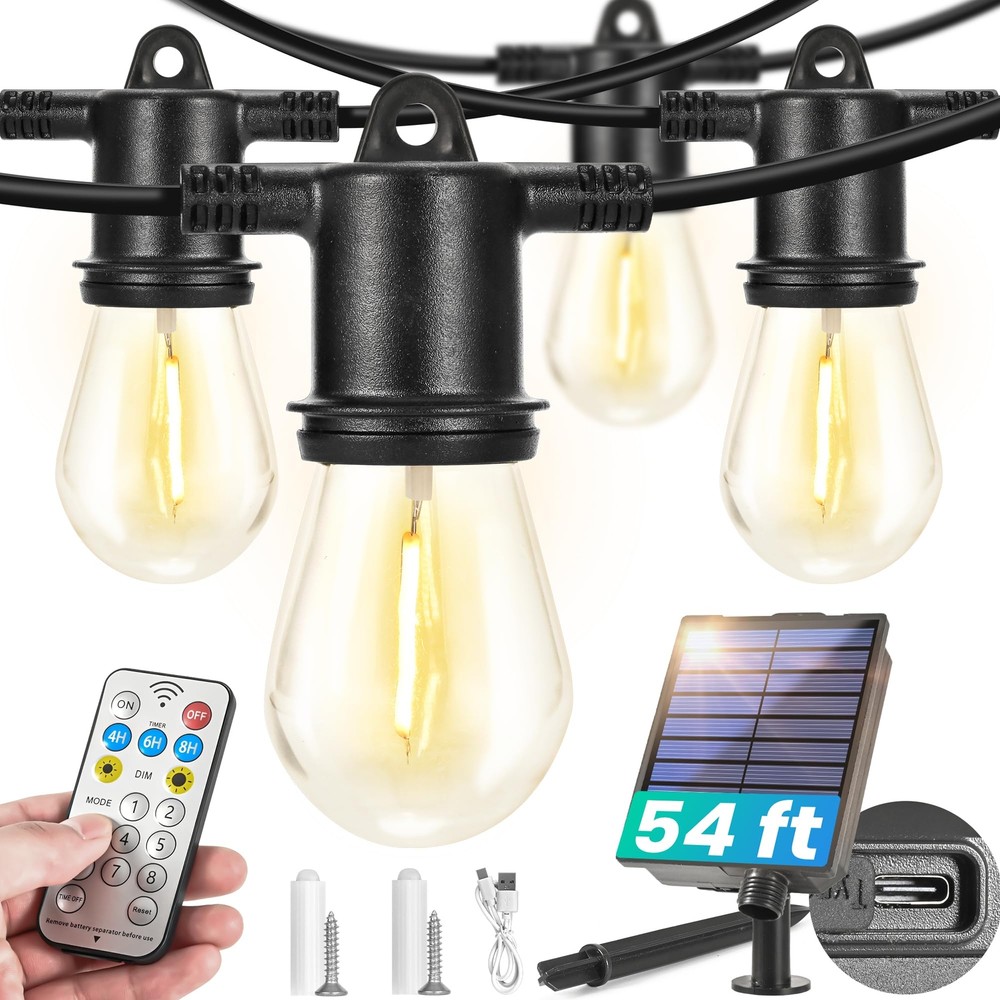 DomiHue 54FT Solar String Lights Outdoor Waterproof 16+1 LED Bulbs Remote Con...