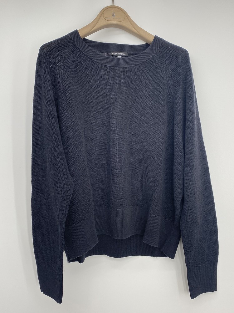 Eileen Fisher Womens Wedge Sweater Black Size M Organic Linen Cotton Crewneck