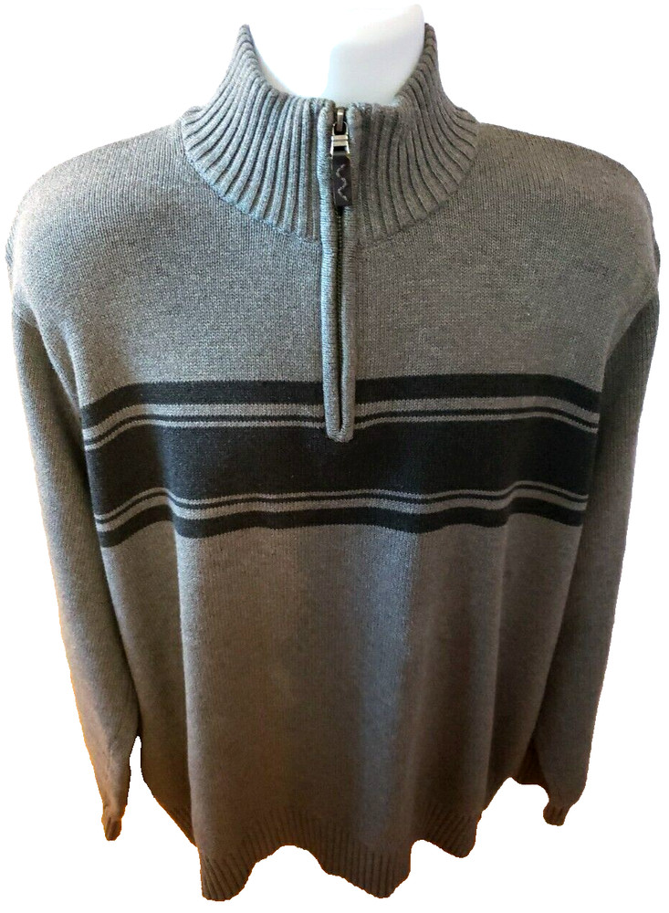 Eddie Bauer Sweater Men's 2XL Gray Pullover w/ stripes Knit 1/4 Zip Long Sleeve