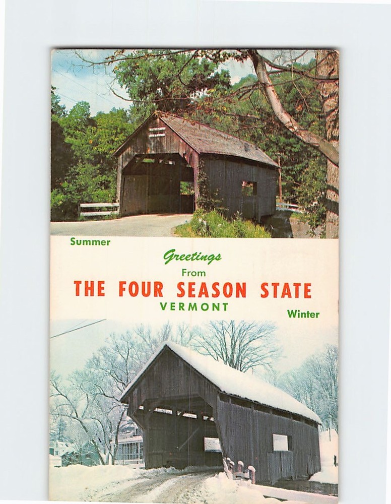 Postcard Summer & Winter Scene Old Covered Bridge Vermont USA