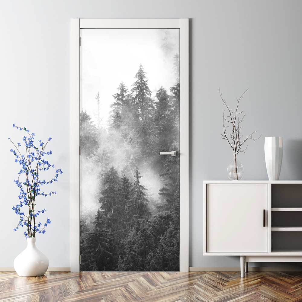 Misty Forest Nursery Door Decal Foggy Woodland Landscape Cloudy Cold Scene