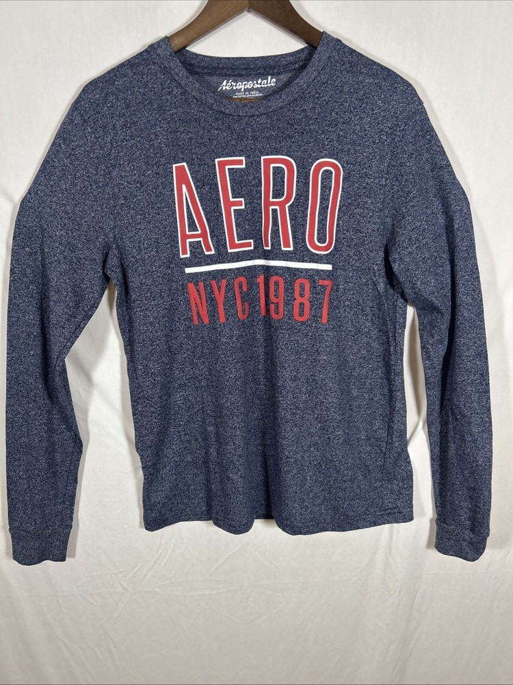 Aeropostale AERO NYC 1987 Long Sleeve T Shirt Mens Medium Blue Heather Logo
