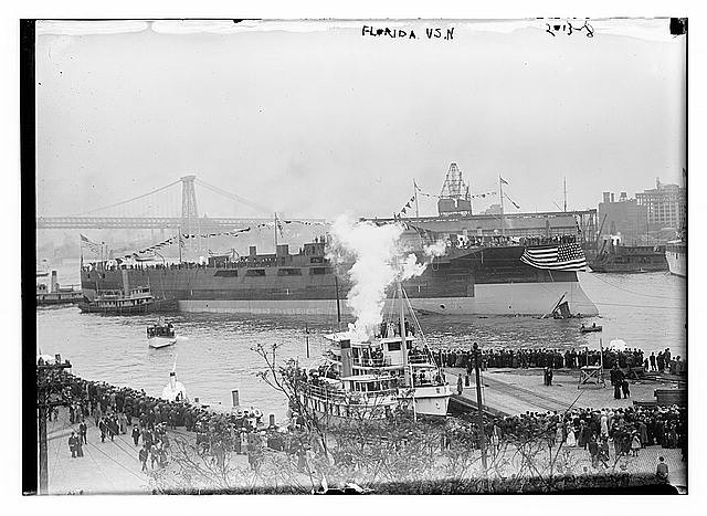 New York City NY 1910s USS Florida Navy ship launch bridge boats crowd
