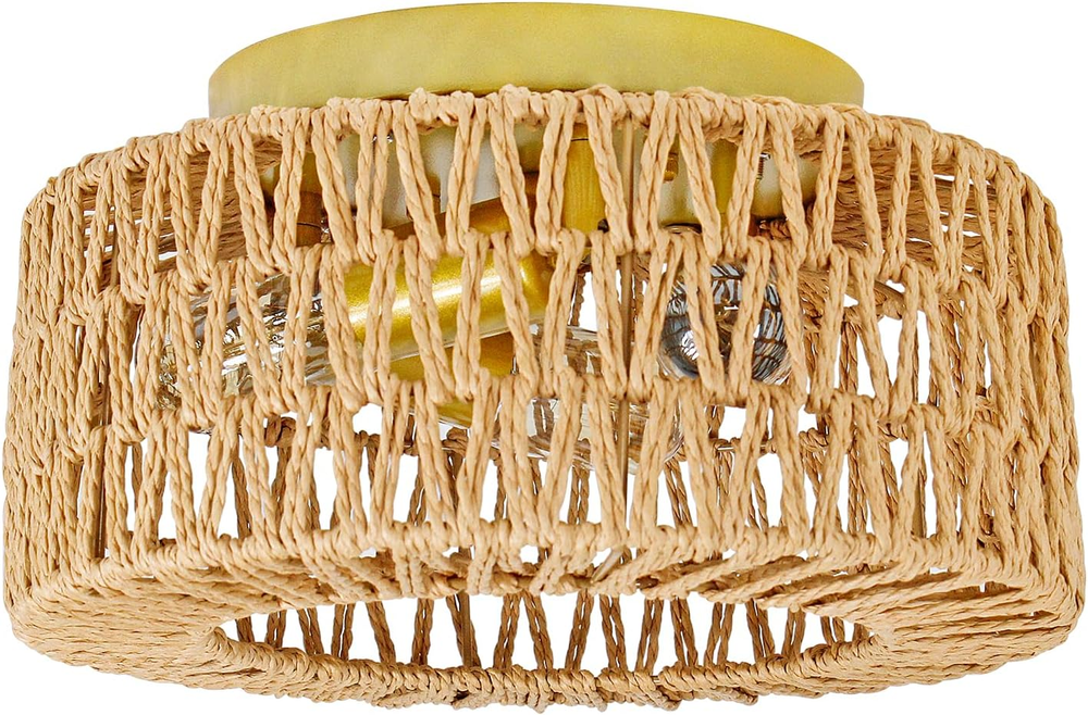 Rattan Flush Mount Ceiling Light, 3-Lights Boho Light Fixtures Ceiling, Gold Boh