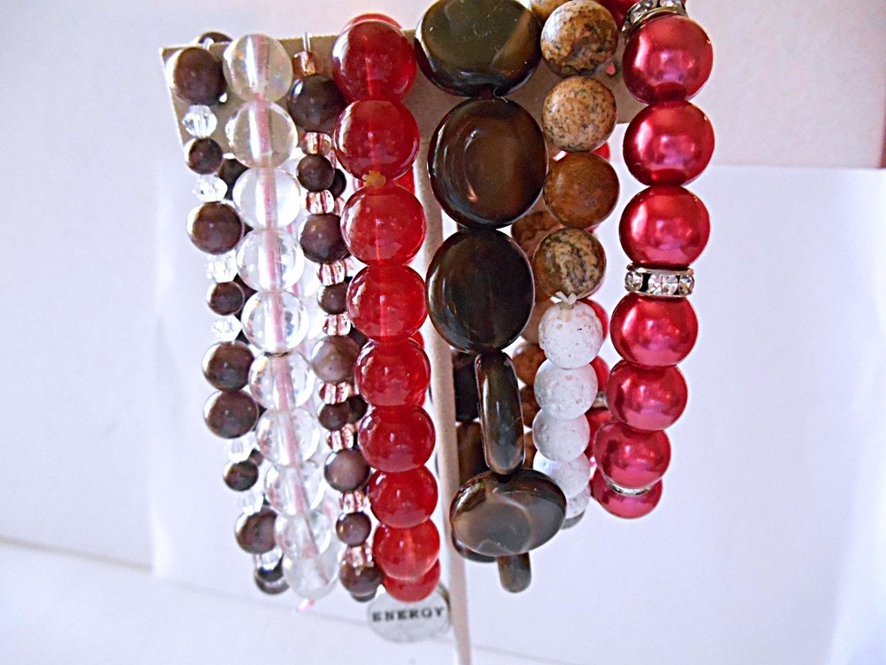 Lot of 7 Red / Brown Multi-color Beaded Stretch Bracelets