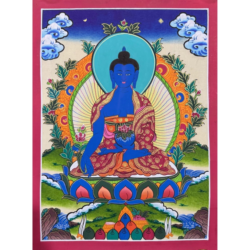 Medicine Buddha Thangka Painting, Healing Buddha Tibetan Wall Art