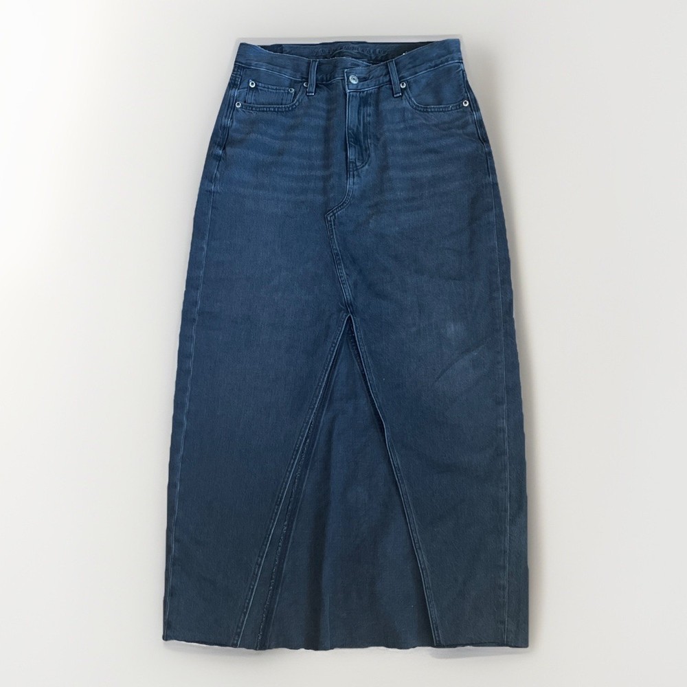 90s American Eagle High Waist Black Raw Hem Denim Distressed Maxi Skirt Sz 6