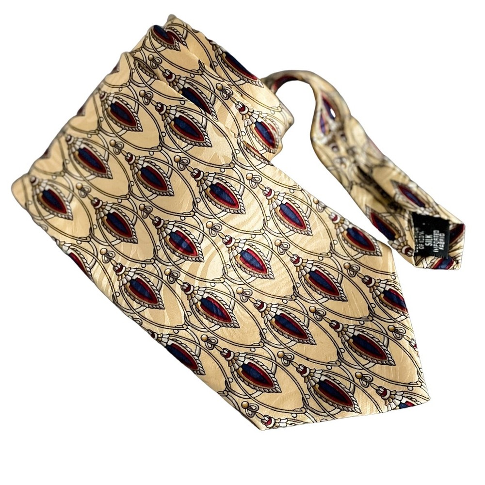 Bill Blass vintage luxe 100% silk tie ncktie navy red gold peacock 4