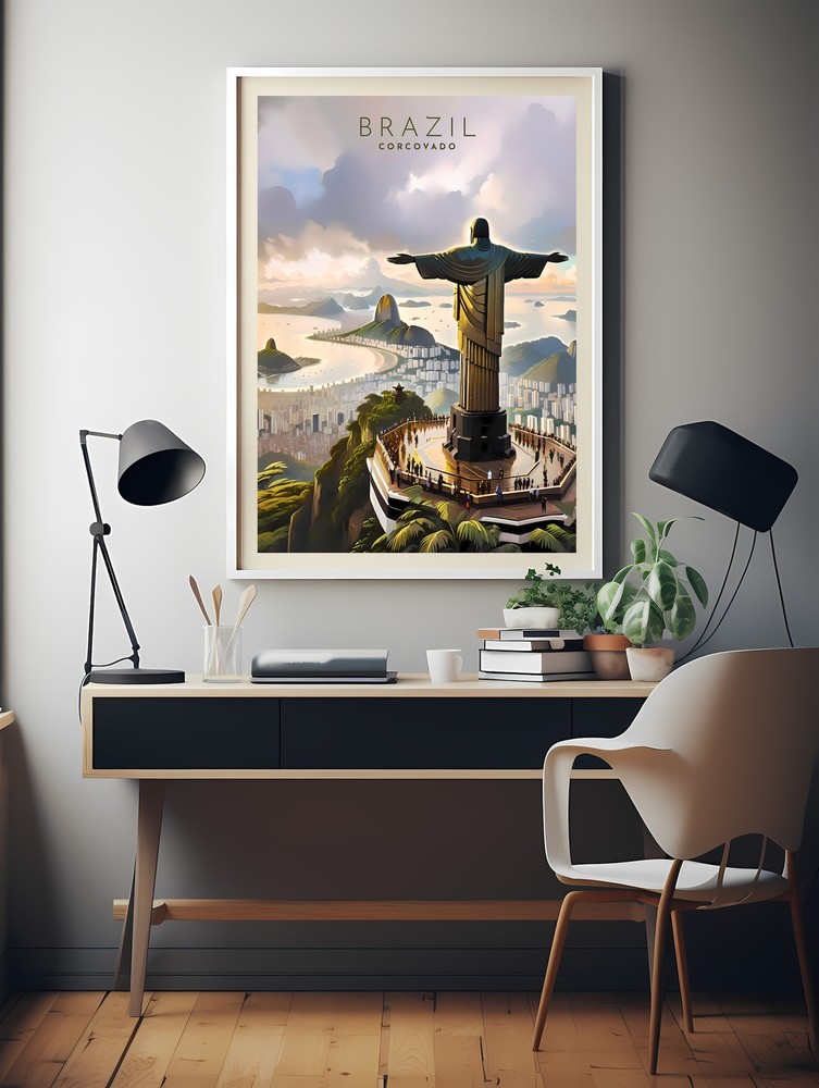 Brazil Retro Travel Poster Printable Wall Art Corcovado Instant Hanging Decor